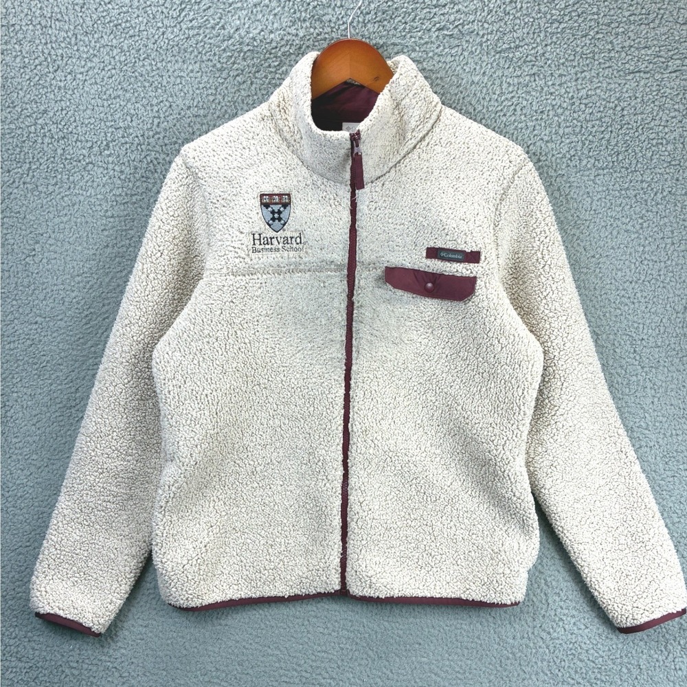Columbia Harvard Business School Fleece Jacket Mens L Cream Maroon Collegiate